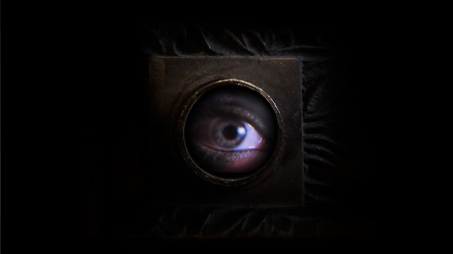 A sexy woman's eye peers through a dark, mysterious door's peephole